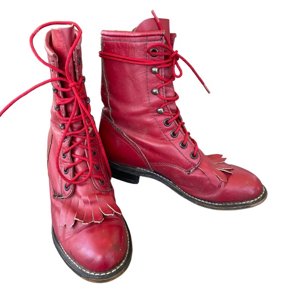 Vintage Shoes - VINTAGE RODEO DRIVE Red Leather Lace Up Kiltie Roper Cowgirl Boots Size 5